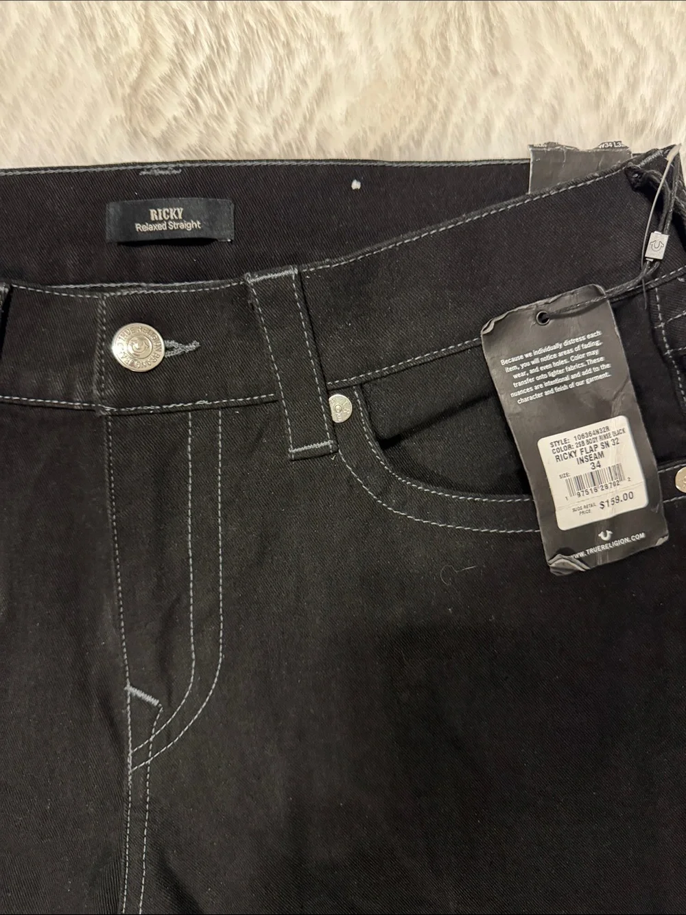 Men's True Religion Ricky Flap Relaxed Straight Black Jeans,  Sz 34 New